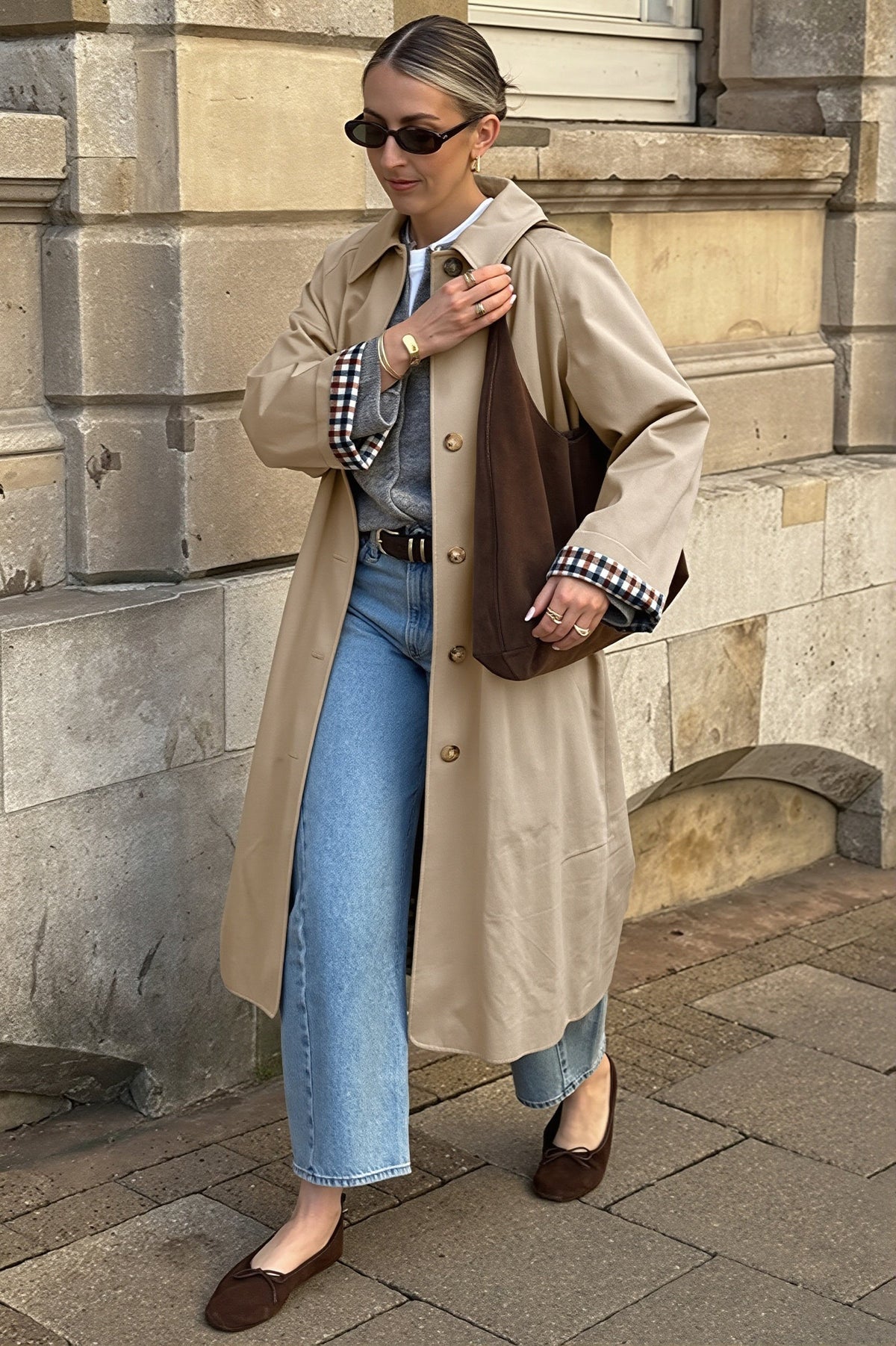 Check Trim Single Breasted Long Trench Coat 4