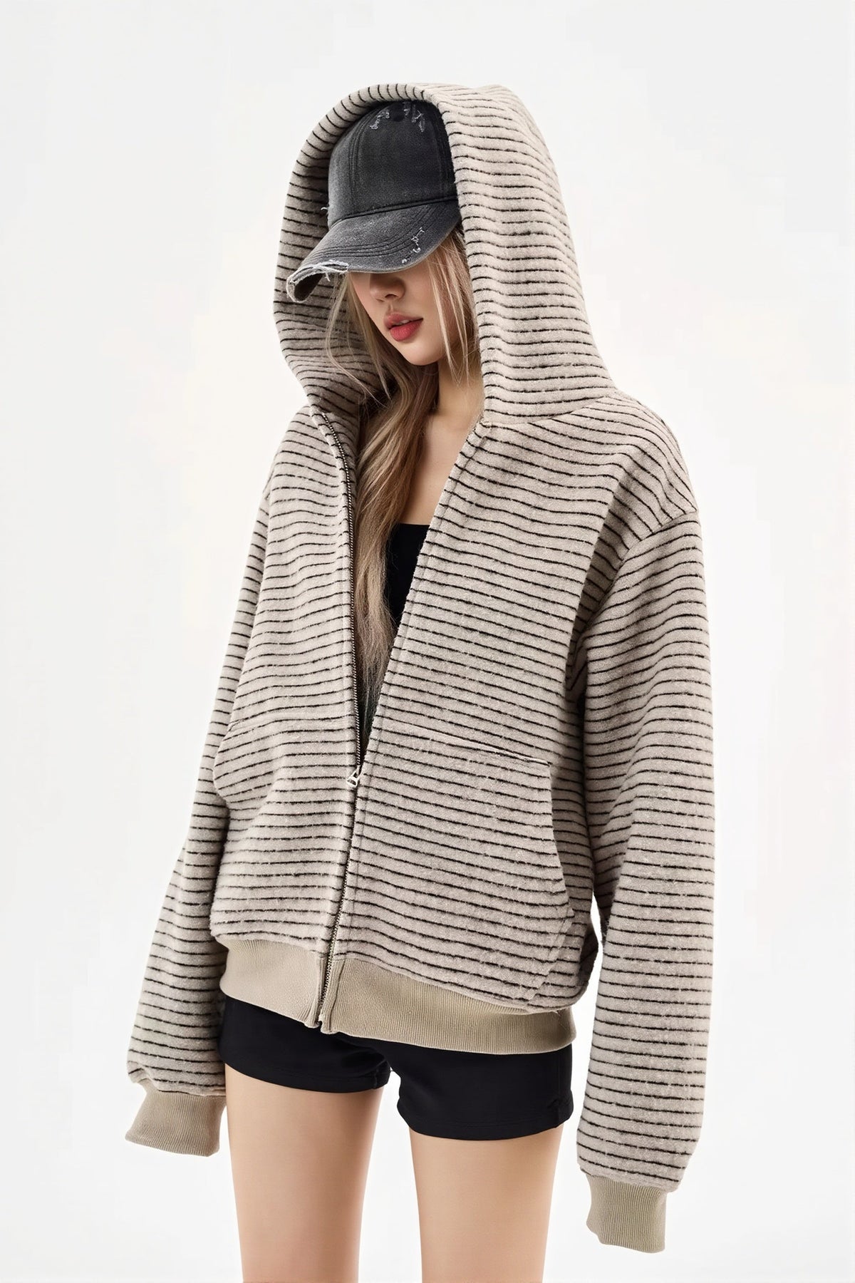 Fluffy Striped Oversize Zip Hoodie 2