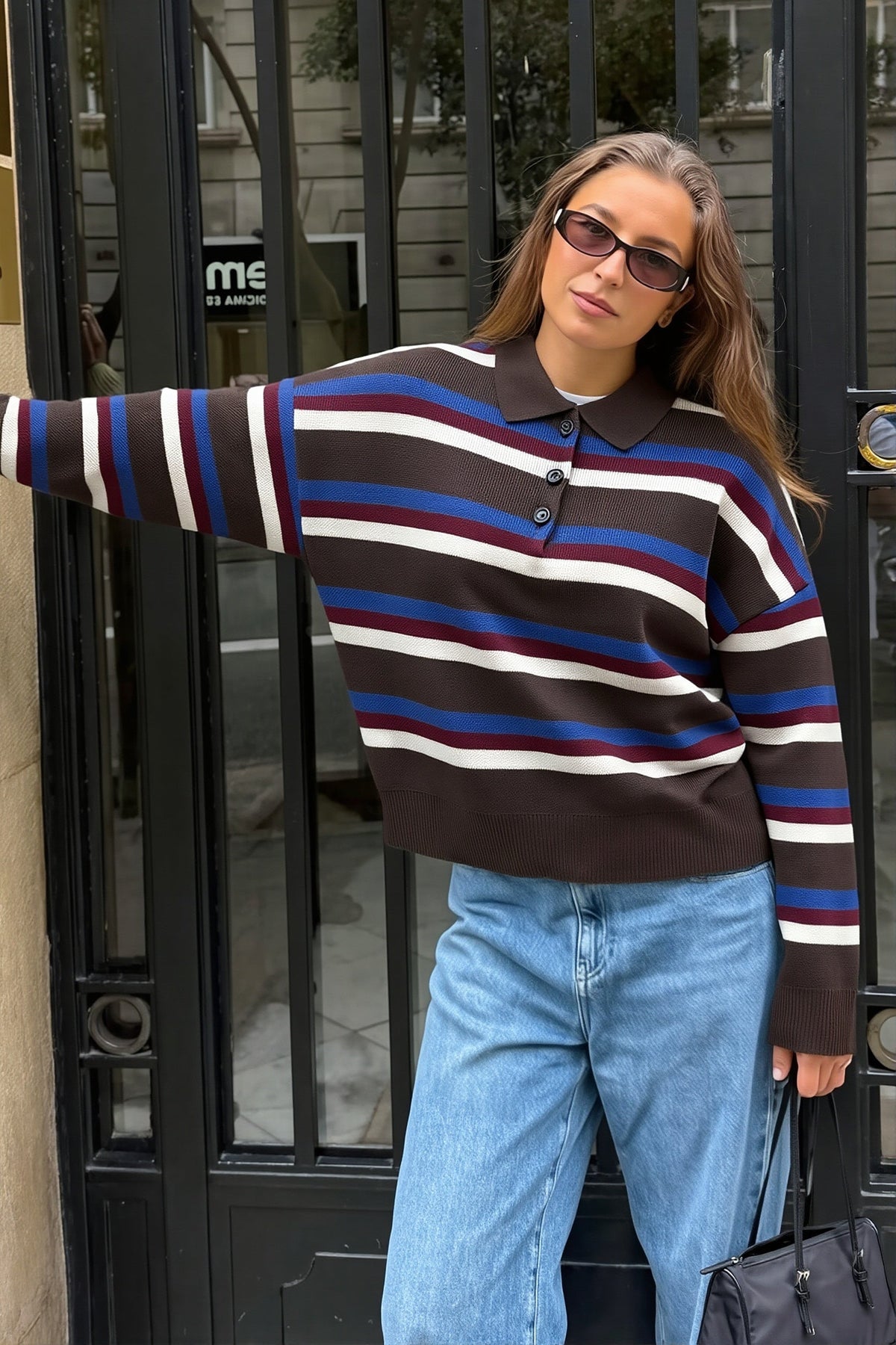 Striped Polo Collar Relaxed Sweater 5