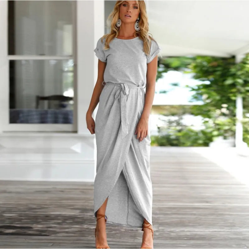 Short Sleeve Tie Waist Wrap Tulip Hem Midi Dress - View 15