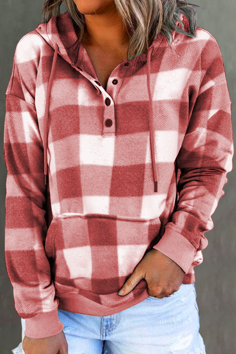 Retro Style Plaid Button Drawstring Hoodie - Fashionpara
