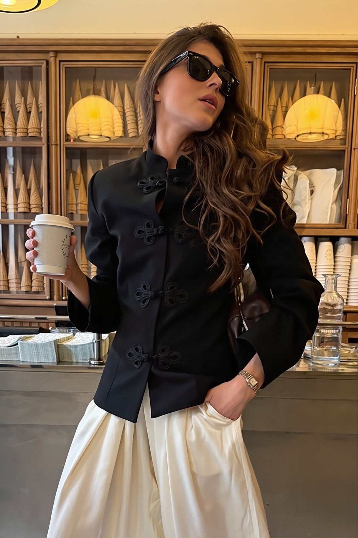 Mandarin Collar Frog Closure Blazer Jacket 3