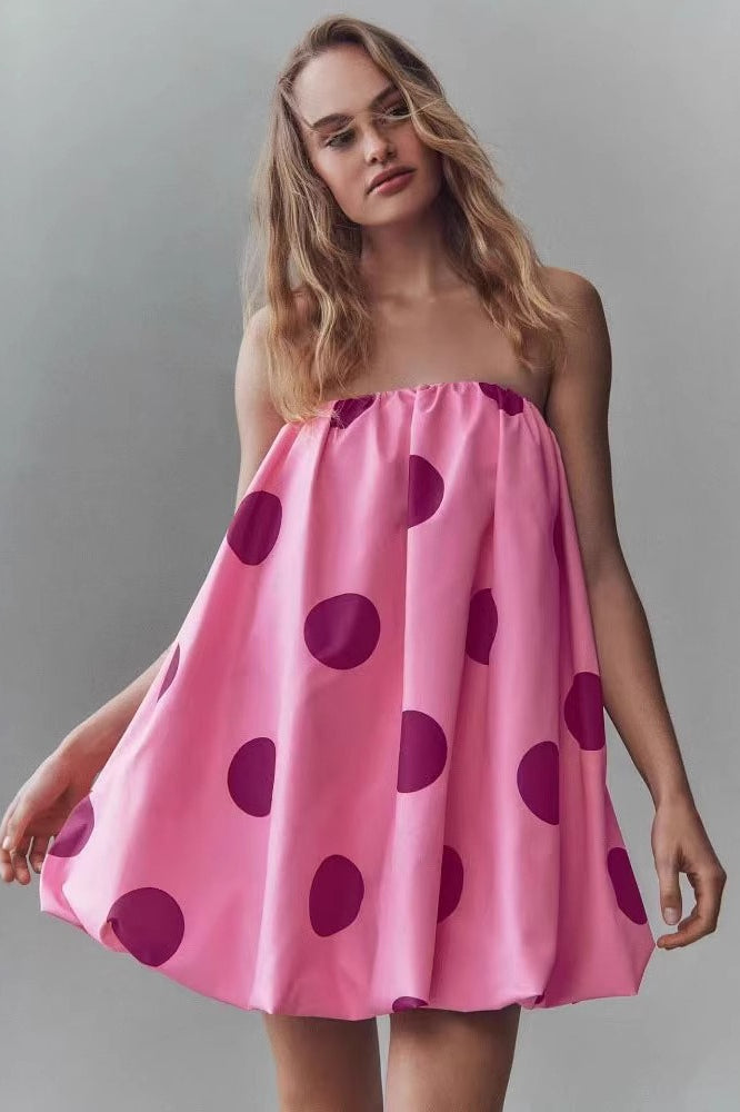 Polka Dot Print Strapless Bubble Hem Mini Dress