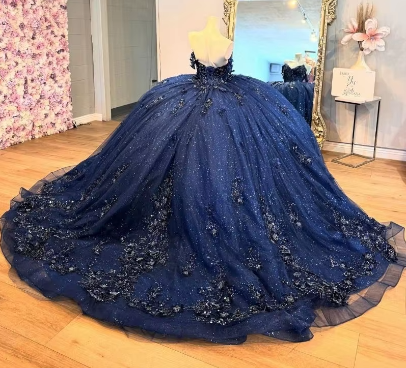 Mexico Navy Quinceanera Dress Ball Gown Floral Appliques Beaded Crystal Corset Sweet 16 Vestido De 15 Anos - Fashionpara