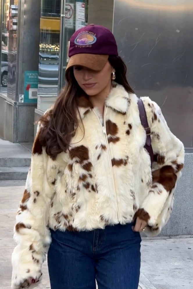 Cow Print Faux Fur Zip Jacket
