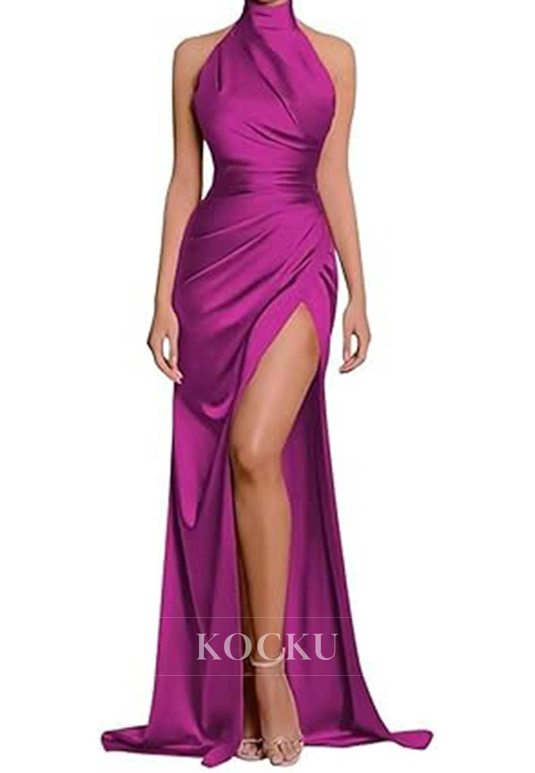 Classic & Timeless High Neck Split Ruched Satin Evening Party Prom Dress