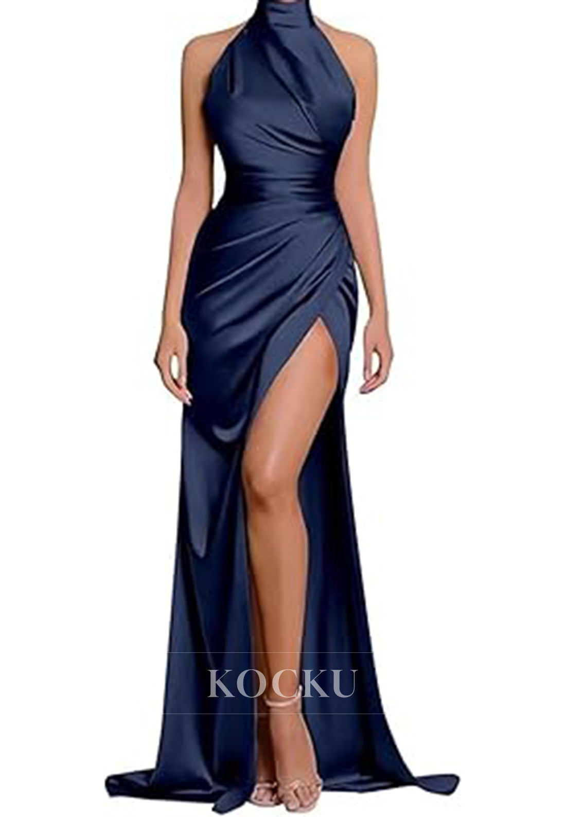 Classic & Timeless High Neck Split Ruched Satin Evening Party Prom Dress