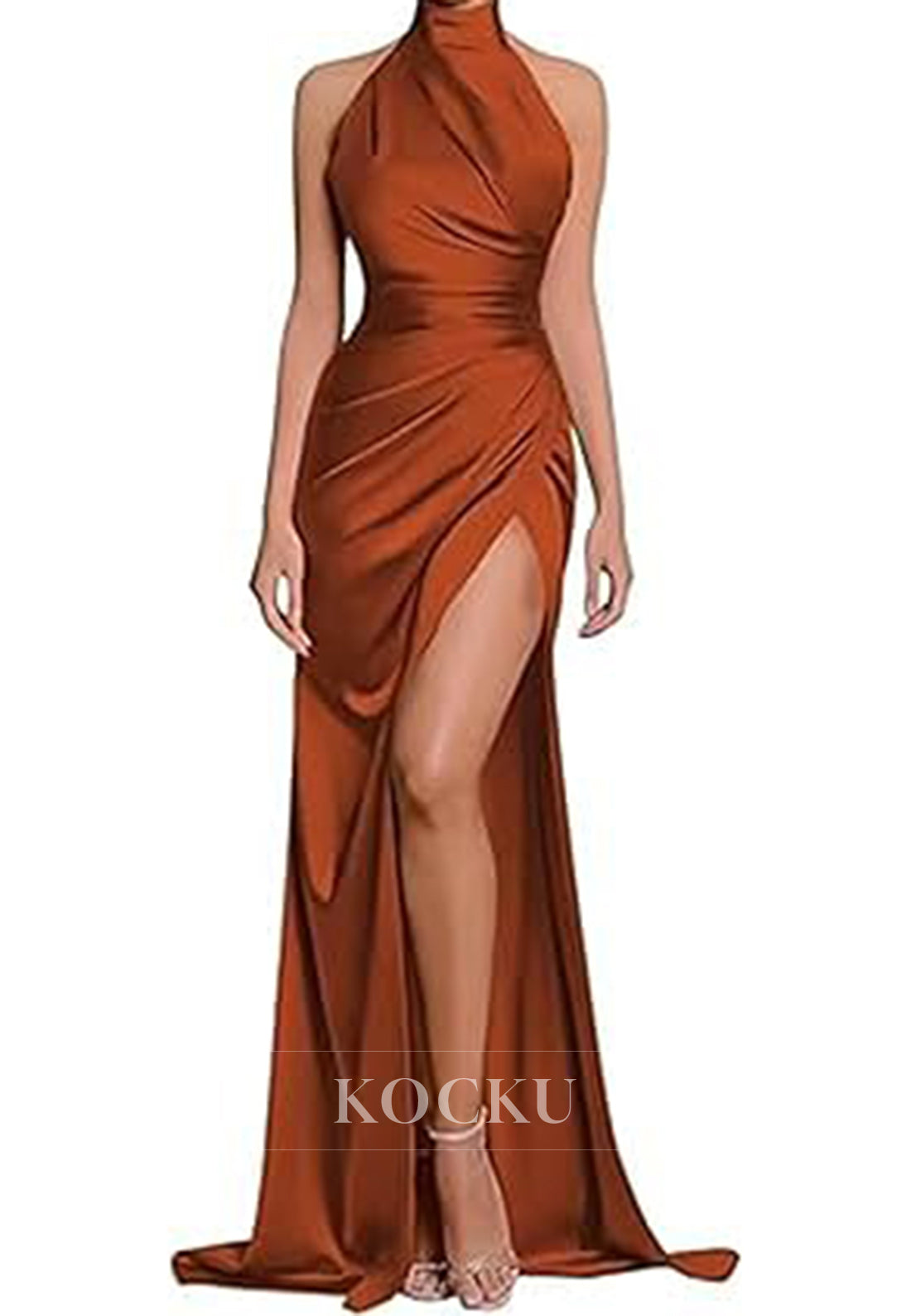 Classic & Timeless High Neck Split Ruched Satin Evening Party Prom Dress