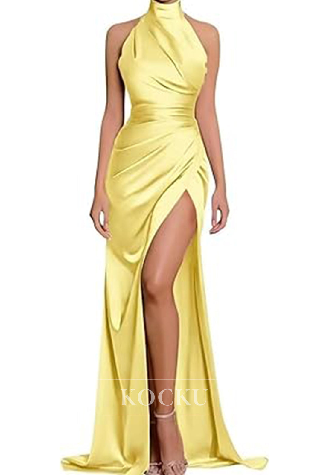 Classic & Timeless High Neck Split Ruched Satin Evening Party Prom Dress