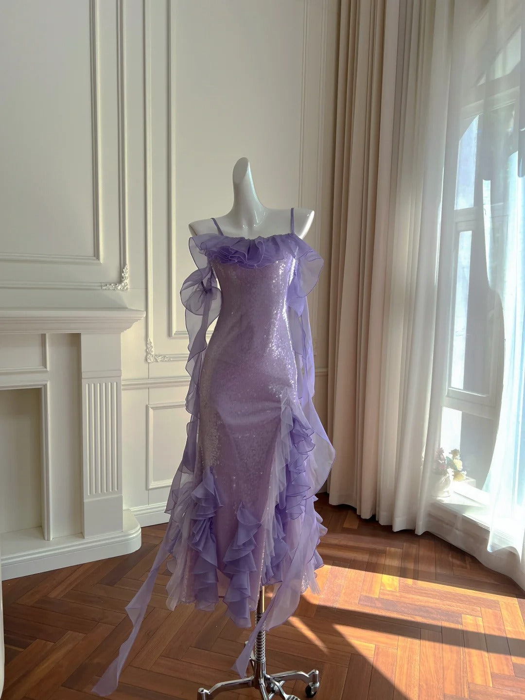 Fantasy Purple Mermaid Ruffled Tulle Sequined Long Prom Dress Evening Dress P4062