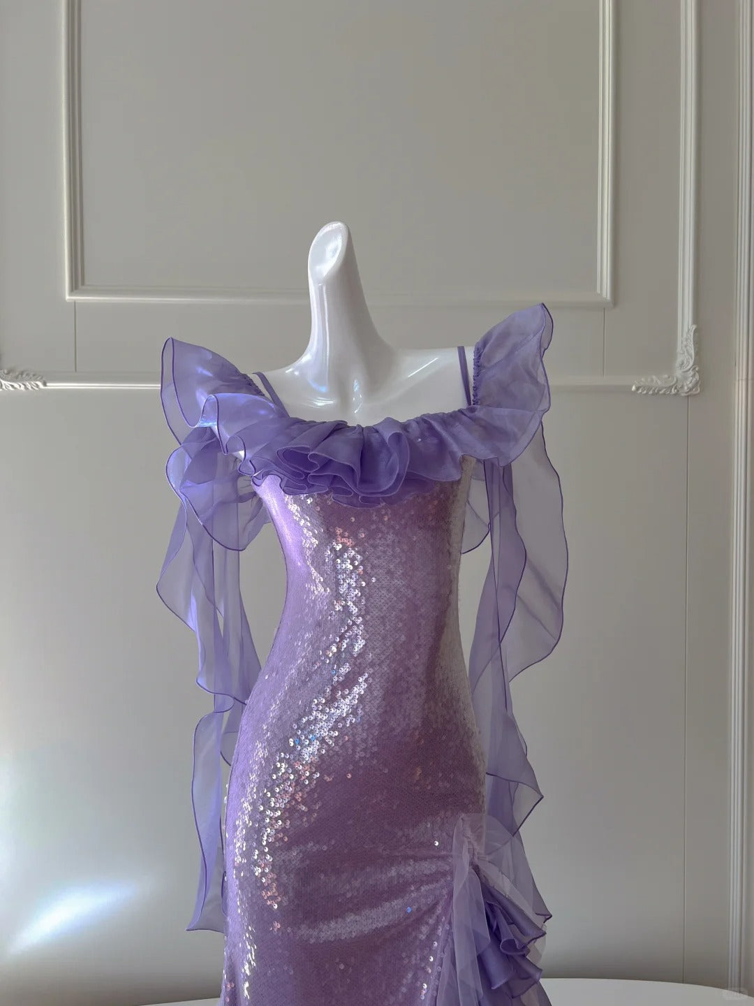 Fantasy Purple Mermaid Ruffled Tulle Sequined Long Prom Dress Evening Dress P4062