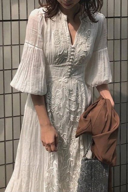 Vintage Lace Panel V-Neck Embroidered Boho Dress - Fashionpara