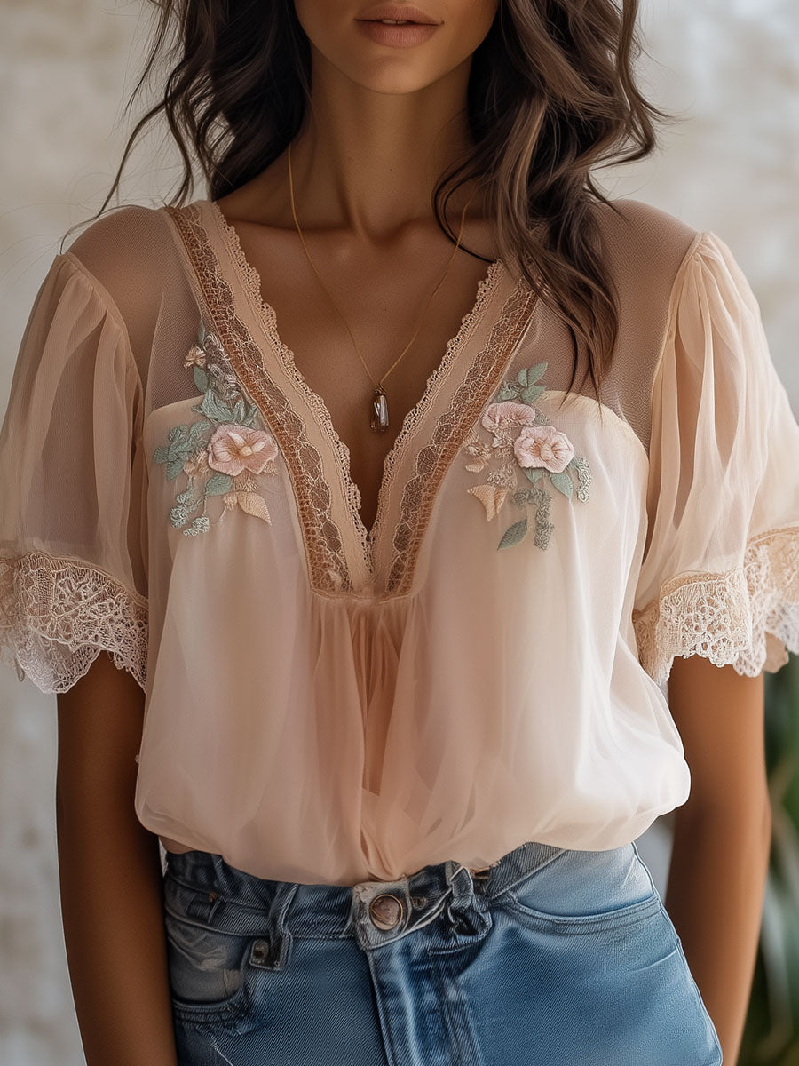 Boho Delicate Floral Embroidered Chiffon Blouse - Fashionpara