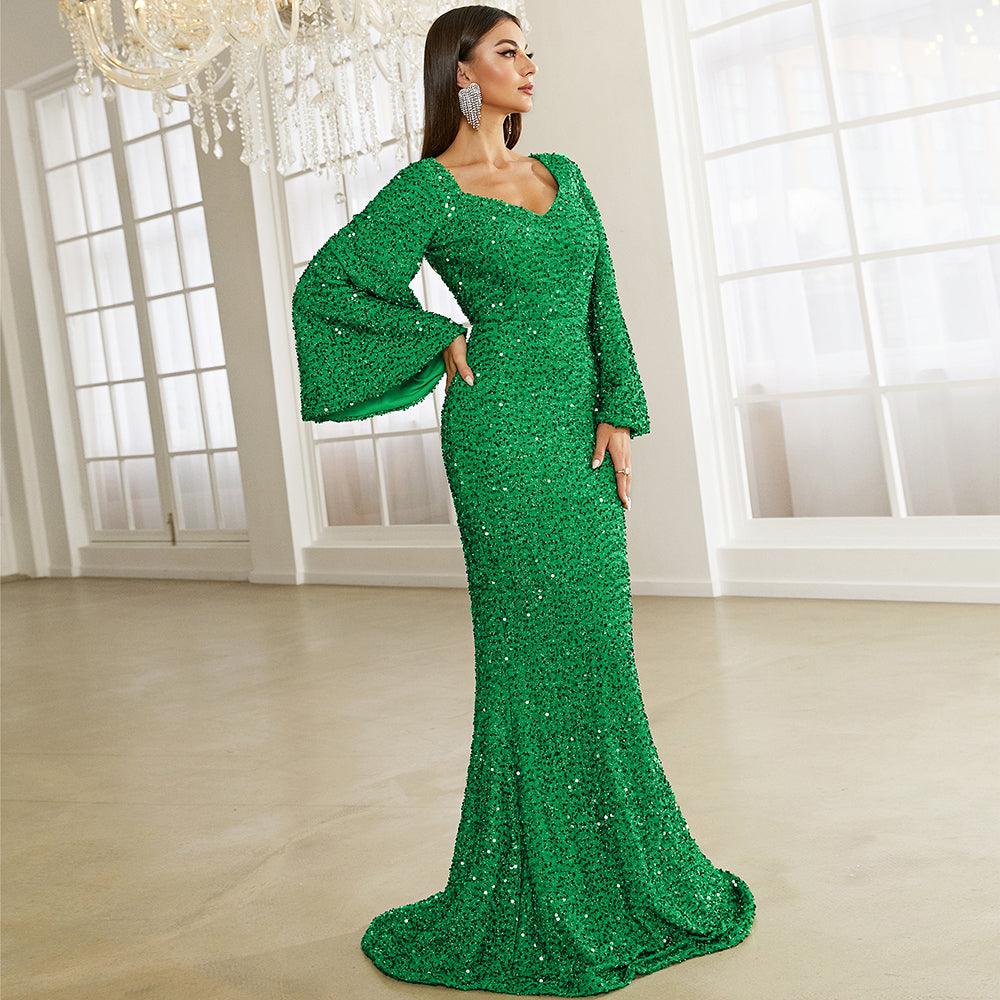 Shimmering Trumpet Sleeves Sequin Dress - Fashionpara