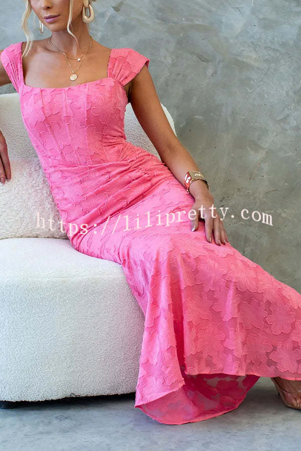 Unreal Beauty Floral Textured Material Ruched Fishtail Maxi Dress - Fashionpara