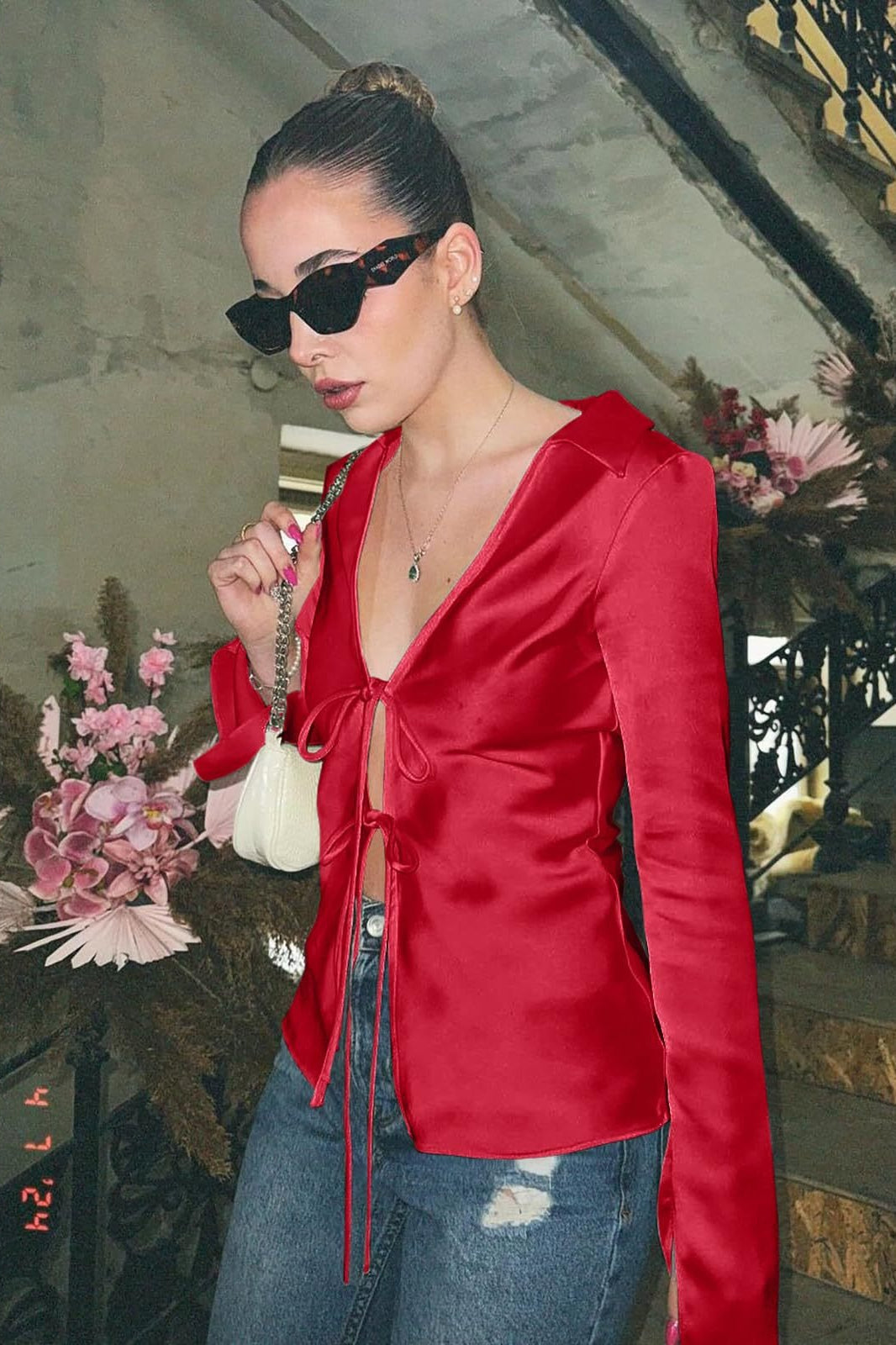 Satin Tie Front Fitted Blouse