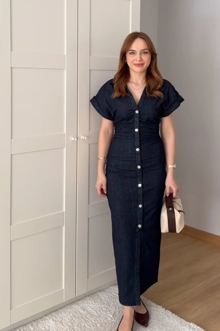 Denim Lapel Zipper Midi Dress
