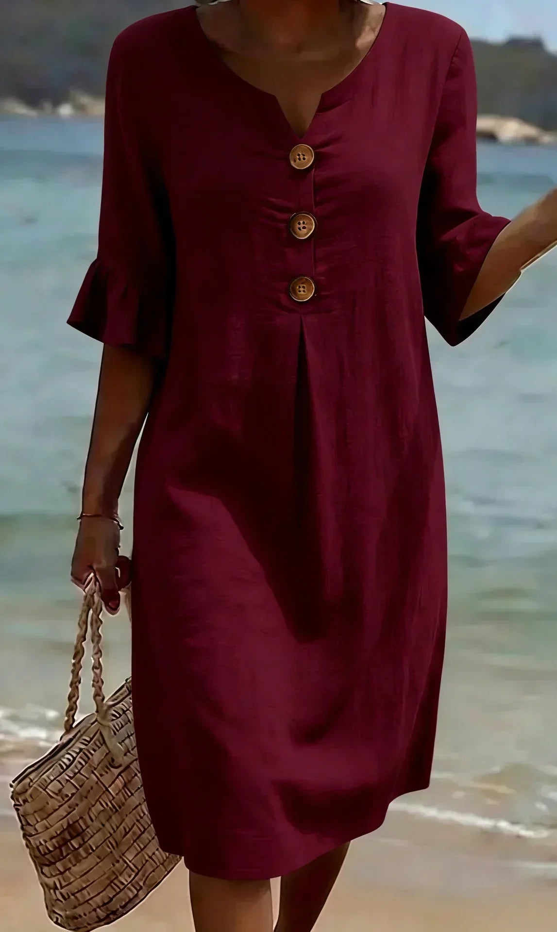 V-Neck Button Placket Flutter Sleeve Linen Look Midi Dress 7