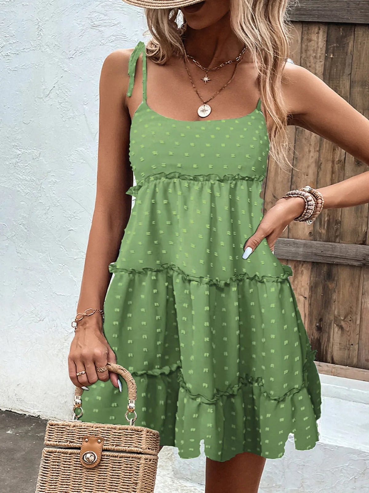 Swiss Dot Spaghetti Strap Tie Shoulder Three Tier Mini Dress - View 4