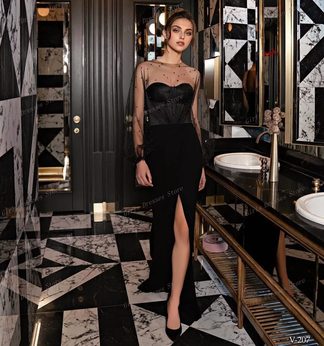 Polka Dot Mesh Long Sleeve Bustier Slit Evening Gown 2