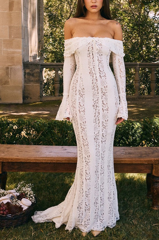 Lace Off Shoulder Long Sleeve Corset Midi Dress