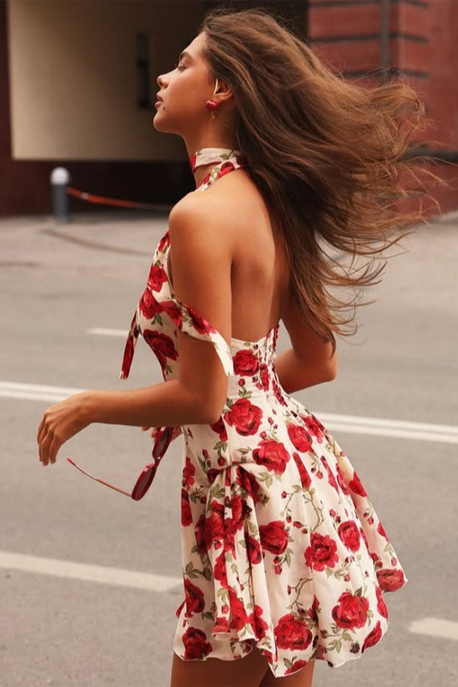 Rose Floral Halter Neck Fit and Flare Mini Dress