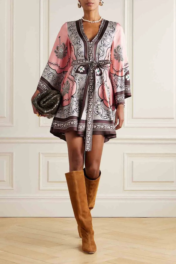 Delicate Satin Palm Tree Floral Print Mini Dress - Fashionpara