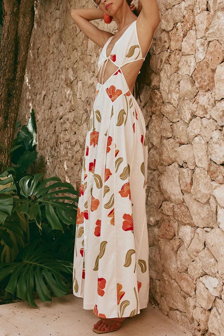 Eliska Linen Blend Poppy Print Cutout Contrast Trim A-line Maxi Dress - Fashionpara