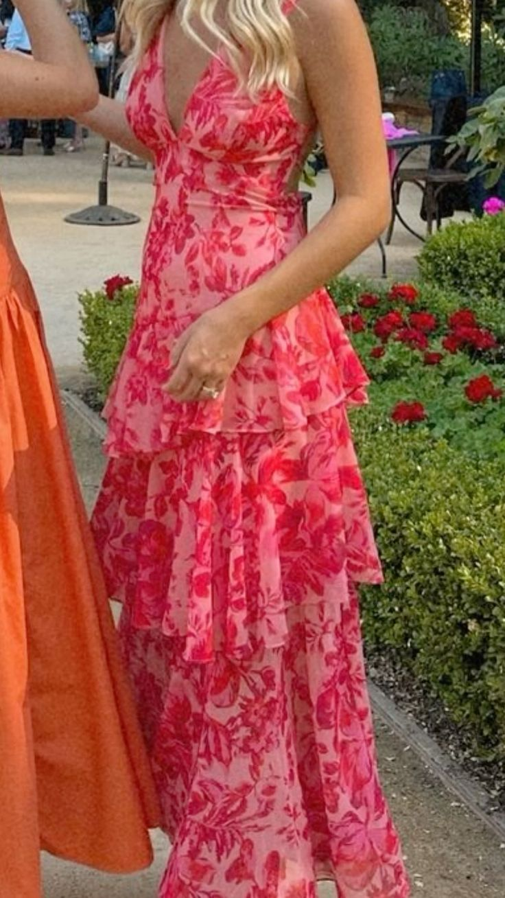 V Neck Line Red Flora Prom Party Dress Graduation Dress Evening Dress - Fashionpara