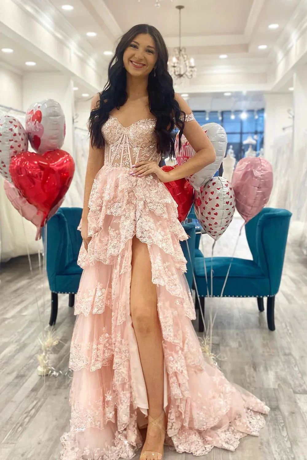 Pink Sequin Appliques Off-the-Shoulder Ruffle Tiered Long Prom Dress Evening Gown SD1414