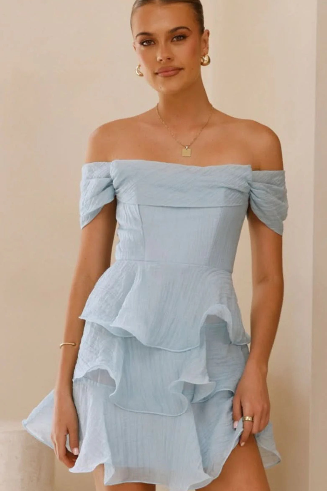Off Shoulder Tiered Ruffle Fit and Flare Mini Dress