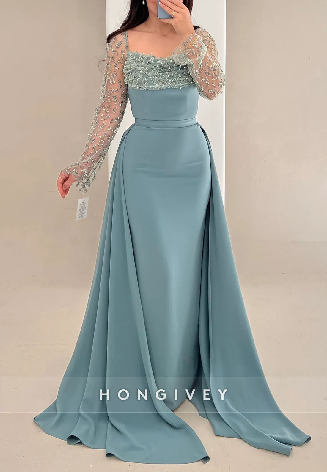 Column Long Sleeve Square Appliqued Detachable Floor-Length Evening Gown