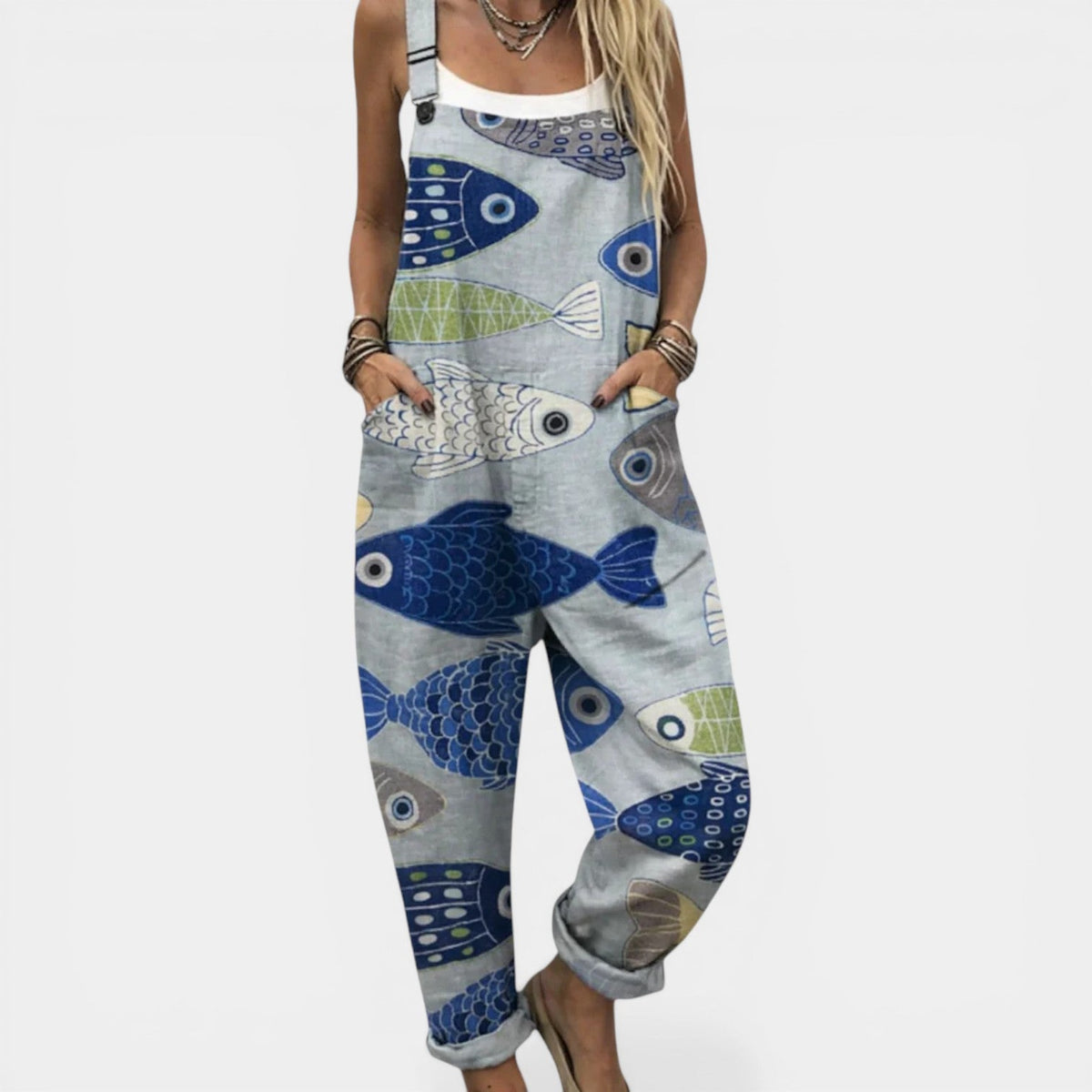 Fish Print Sleeveless Pocket Overall Jumpsuit
