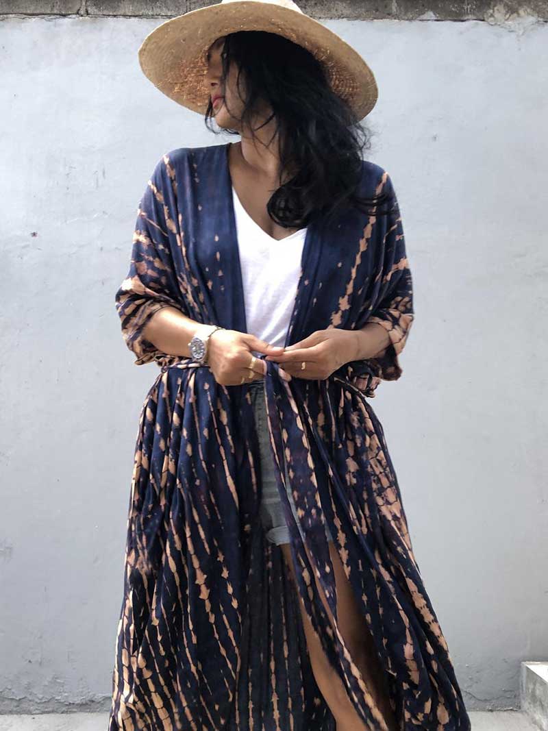 Tie-Dye Print Different Colors Rayon Long Length Gown Kimono Duster Robe - Fashionpara