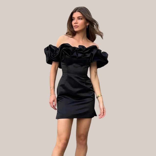 Satin Off Shoulder Dramatic Ruffle Bodycon Cocktail Mini Dress - View 5