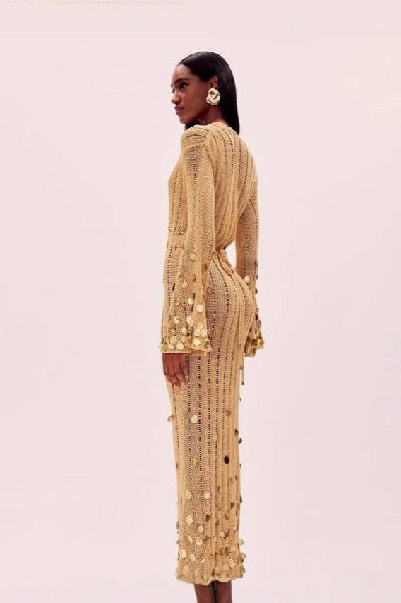 Sexy V Neck Belted Sequin Knit Long Boho Dress - Fashionpara