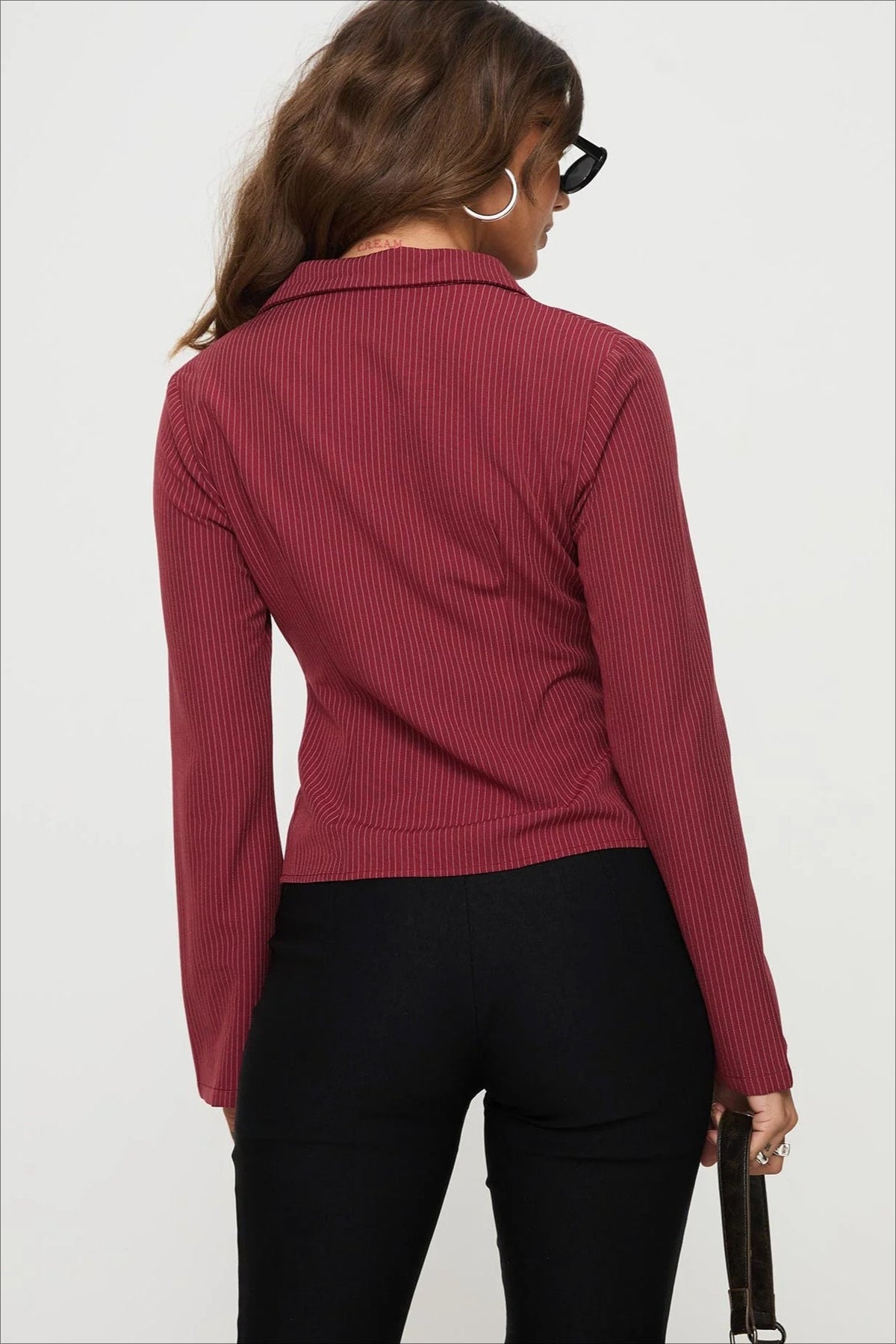 Pinstripe Flared Sleeve Fitted Button Front Blouse