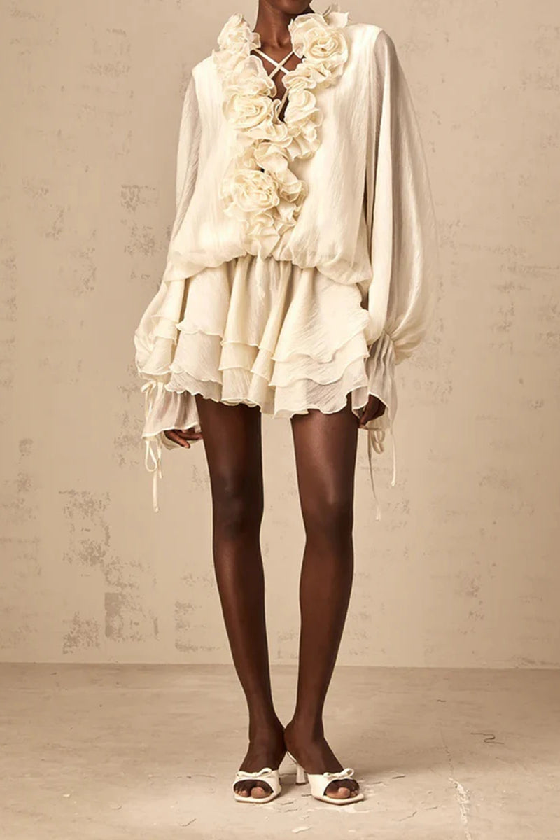 Floral Appliqué V-Neck Long Sleeve Tiered Mini Dress 16