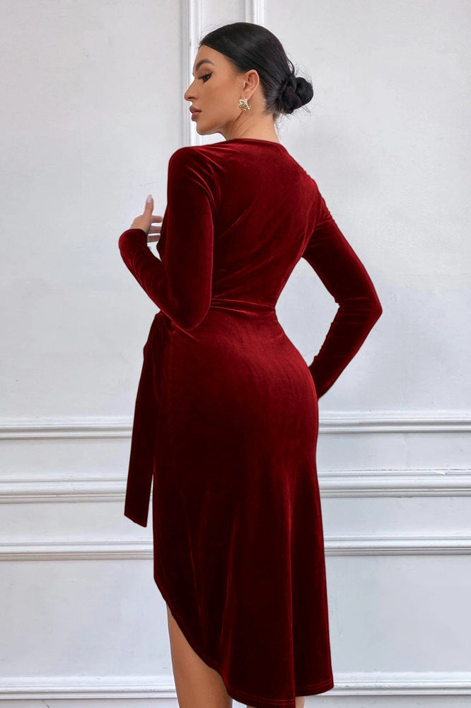 Velvet V-Neck Long Sleeve Wrap Ruched Midi Dress 2