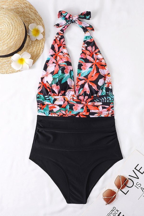 Deep V Open Back Leaf Print One-piece Swimsuit - Fashionpara