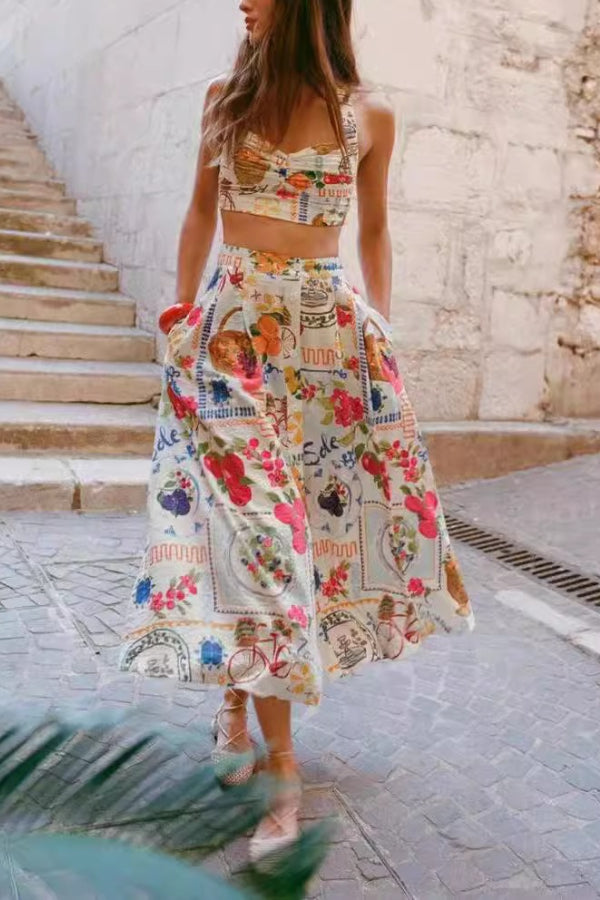 Fashionable casual vest personalized print suspender Midi Dress - Fashionpara