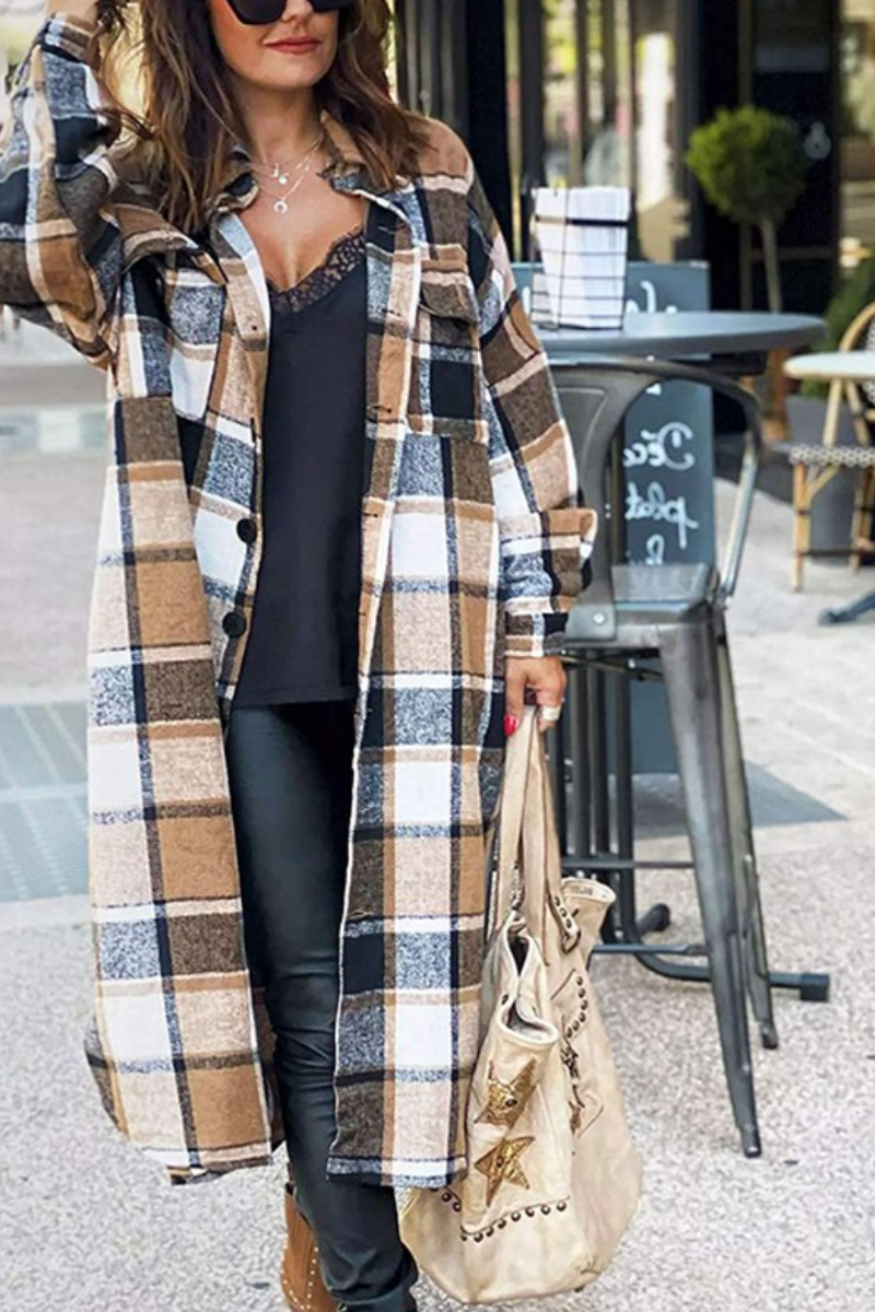 Lapel Plaid Slit Long Woolen Coat