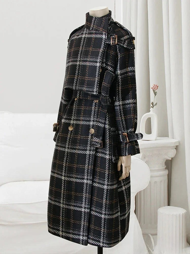 Autumn Winter Long Loose Warm Plaid Wool Blends Sleeve Belt Double Breasted Woolen Stylish Coat - Fashionpara