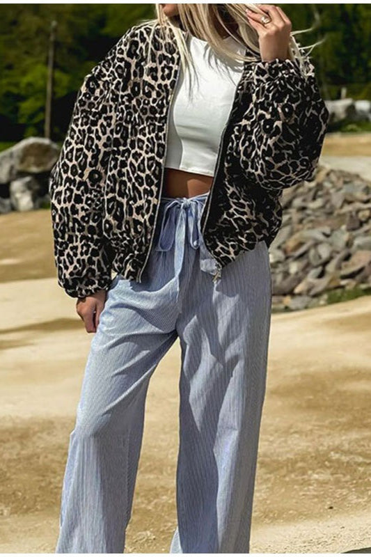 Animal Print Notch Collar Zip-Up Coat for Chic Style