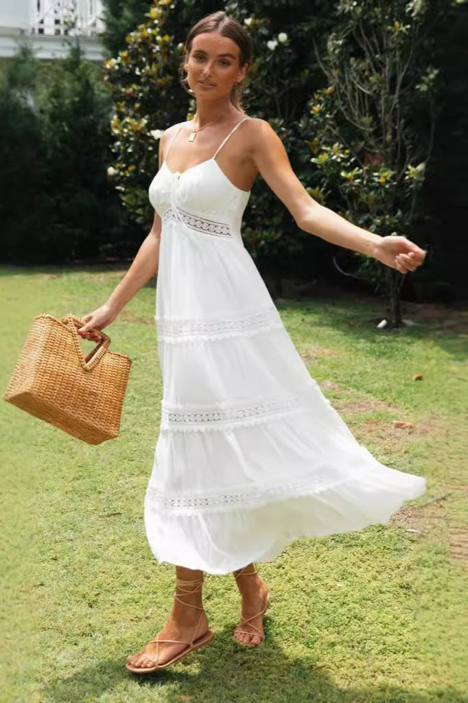 Lace Trim Spaghetti Strap Tiered A-Line Maxi Dress 3