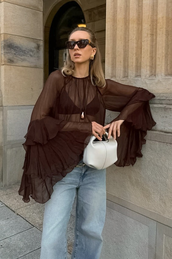 Sheer Ruffle Cape Sleeve Blouse 2