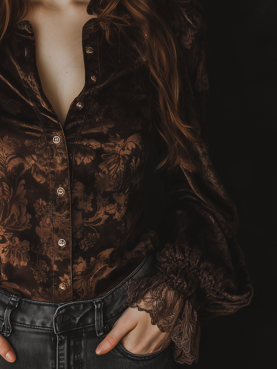 Vintage Printed Lace Cuffs Poly Velvet Blouse - Fashionpara