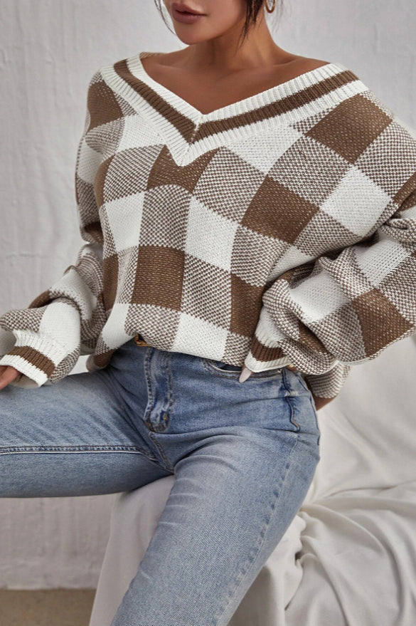 Plaid V-Neck Long Sleeve Knit Sweater for Stylish Comfort