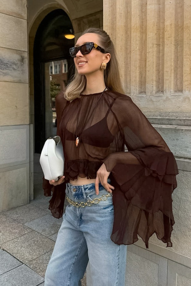 Ruffle Sleeve Loose Chiffon Blouse - Fashionpara