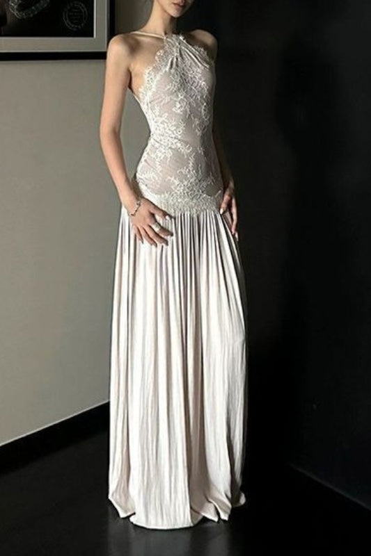 Halter Neck Lace Bodice Satin Maxi Gown